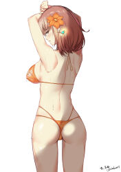 Rule 34 | 1girl, absurdres, alternate costume, ass, back, bikini, black survival, blush, breasts, brown eyes, brown hair, commission, commissioner name, cowboy shot, earrings, eternal return: black survival, flower, hair flower, hair ornament, highres, jewelry, large breasts, looking at viewer, looking back, medium hair, orange bikini, orange flower, parted lips, sideboob, simple background, solo, swimsuit, thong bikini, tran quynh mai, user vcys8774, wet, white background