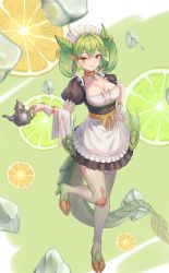 Rule 34 | 1girl, absurdres, apron, breasts, brown choker, choker, cleavage, dragon girl, dragon horns, dragon tail, dragon wings, dragonmaid (yu-gi-oh!), duel monster, food, fruit, green hair, green horns, green sash, green tail, green wings, highres, horns, lace-trimmed apron, lace trim, large breasts, lemon, maid apron, maid headdress, parlor dragonmaid, puffy sleeves, sash, short sleeves, solo, tail, teapot, thighs, tomamo2018, twintails, wings, wrist cuffs, yellow eyes, yu-gi-oh!