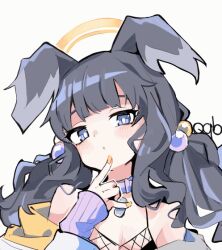 Rule 34 | 1girl, animal ears, animated, animated gif, black hair, blue archive, blush, dog ears, fingernails, funi (q9b), halo, hibiki (blue archive), long hair, looking at viewer, nail polish, parted lips, portrait, purple eyes, simple background, sleeves past wrists, smile, solo, white background, yellow halo, yellow nails