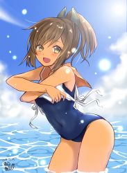 Rule 34 | 1girl, blouse, blue one-piece swimsuit, blue sky, brown eyes, brown hair, cloud, cowboy shot, dated, day, hair ornament, hairclip, highres, i-401 (kancolle), kantai collection, leaning forward, mashiro yukiya, one-piece swimsuit, orange sailor collar, ponytail, sailor collar, sailor shirt, school swimsuit, shirt, short hair, short ponytail, sky, sleeveless, sleeveless shirt, solo, swimsuit, swimsuit under clothes, tan, undressing, wading, water, white shirt
