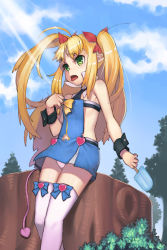 Rule 34 | 1girl, astarotte ygvar, blonde hair, blue sky, blush, body blush, cloud, day, demon tail, detached collar, food, green eyes, heart, heart tail, hot, leaning, long hair, lotte no omocha!, necktie, panties, pantyshot, pointy ears, popsicle, sky, solo, sweat, tail, thighhighs, tongue, underwear, white panties, white thighhighs, wrist cuffs, yuksi