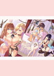 Rule 34 | 5girls, :q, bed, between breasts, between legs, blonde hair, blue eyes, bra, breast press, breasts, brown hair, choker, cleavage, covered erect nipples, female focus, garter belt, garter straps, herio, highres, indoors, kneeling, large breasts, legs, lingerie, long hair, looking at viewer, multiple girls, nail polish, naughty face, nipples, on bed, open mouth, original, panties, pillow, pink eyes, pink hair, purple hair, sexually suggestive, short hair, sitting, smile, standing, symmetrical docking, tan, tanline, thighhighs, thighs, tongue, tongue out, topless, underwear, underwear only, v
