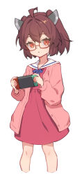 Rule 34 | 1girl, ahoge, bespectacled, brown hair, buttons, cardigan, closed mouth, cropped legs, dress, feet out of frame, glasses, hair between eyes, handheld game console, headgear, highres, holding, holding handheld game console, long sleeves, looking at viewer, nintendo switch, open cardigan, open clothes, orange eyes, pink cardigan, red-framed eyewear, red dress, sailor collar, sailor dress, short hair, simple background, solo, touhoku kiritan, voiceroid, white background, white sailor collar, yamamomo (plank)