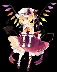 Rule 34 | 1girl, :|, ascot, black background, blonde hair, bow, closed mouth, collar, collared shirt, commentary, crystal, flandre scarlet, frilled collar, frills, full body, hair between eyes, hat, hat bow, highres, holding, holding weapon, laevatein (touhou), leg ribbon, mob cap, nikorashi-ka, one-hour drawing challenge, one side up, orange ascot, petticoat, puffy short sleeves, puffy sleeves, red bow, red eyes, red footwear, red ribbon, red skirt, red vest, ribbon, shirt, shoes, short sleeves, skirt, solo, touhou, vest, waist bow, weapon, white hat, white shirt, wings, wrist cuffs