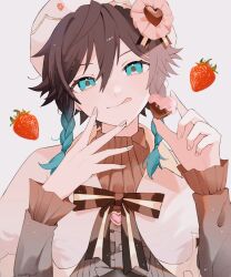 Rule 34 | 1boy, :q, alternate color, beret, black hair, blue eyes, blue hair, braid, brooch, candy, cape, chocolate, chocolate heart, commentary, food, fruit, genshin impact, gradient hair, hat, heart, heart brooch, highres, jewelry, male focus, multicolored hair, pudding 15, short hair with long locks, solo, strawberry, symbol-only commentary, tongue, tongue out, twin braids, venti (genshin impact), white cape, white hat