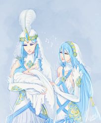 Rule 34 | 1boy, 2girls, alternate costume, arete (fire emblem), artist name, azura (fire emblem), azurmet, baby, beamed quavers, blue hair, blue ribbon, breasts, bridal gauntlets, cape, dress, earrings, elbow gloves, eyelashes, eyeshadow, feather hair ornament, fire emblem, fire emblem fates, gloves, grandmother and grandson, feather hair, holding, jewelry, lips, long hair, makeup, medium breasts, mother and daughter, mother and son, multiple girls, musical note, nintendo, pointy ears, quaver, ribbon, shigure (fire emblem), short hair, signature, smile, strapless, strapless dress, veil, very long hair, white cape, white dress, yellow eyes, aged down