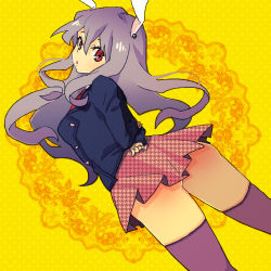 Rule 34 | 1girl, animal ears, arms behind back, ass, blazer, rabbit ears, female focus, houndstooth, jacket, light purple hair, long hair, lowres, miniskirt, mot, o o, red eyes, reisen udongein inaba, skirt, solo, thighhighs, touhou