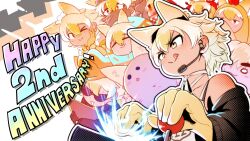 Rule 34 | 1girl, alternate costume, animal ears, anniversary, black jacket, blonde hair, camisole, controller, coyopotato, coyote (kemono friends), extra ears, game controller, gloves, highres, jacket, kemono friends, kemono friends v project, mcgunngu, microphone, playing games, short hair, smile, tongue, upper body, virtual youtuber, wolf ears, wolf girl, yellow eyes, yellow gloves