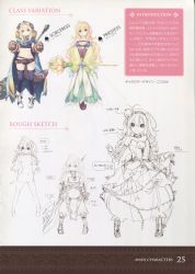 Rule 34 | 1girl, absurdres, aquaplus, blonde hair, cape, character sheet, concept art, dress, dungeon travelers 2, erthuricia vitor de ritzhevin, female focus, gradient background, green eyes, hair ornament, highres, kokonoka, lineart, long hair, looking at viewer, midriff, multiple views, partially colored, scan, shorts, simple background, smile, staff, standing, weapon, white background