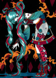 Rule 34 | 1girl, abstract background, alternate costume, aqua eyes, aqua hair, arm tattoo, asymmetrical clothes, asymmetrical footwear, asymmetrical hair, asymmetrical legwear, black background, boots, colored eyelashes, commentary request, diamond (shape), eyeliner, from side, hairband, hatsune miku, highres, jewelry, leaning forward, long hair, looking at viewer, makeup, midriff, multicolored hair, nail polish, off shoulder, partial commentary, pom pom (clothes), ring, see-through, see-through skirt, single thighhigh, skirt, solo, tattoo, thighhighs, twintails, two-tone hair, very long hair, vocaloid, yamakita higashi