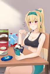 Rule 34 | 1girl, artist name, black tank top, blonde hair, blush, breasts, cellphone, cleavage, closed mouth, collarbone, food, gamryous, girls&#039; frontline, green ribbon, hair ribbon, hairband, highres, holding, holding phone, ice cream, jewelry, long hair, looking away, medium breasts, phone, ponytail, red eyes, ribbon, ring, russian flag, simple background, sitting, smartphone, solo, sports bra, sv-98 (girls&#039; frontline), table, tank top, very long hair