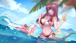 Rule 34 | 3girls, :d, absurdres, animal ears, arknights, bare arms, bare shoulders, barefoot, bear ears, bikini, black bikini, black choker, black hair, blonde hair, blue hair, blue sky, book, breasts, chinese commentary, choker, cloud, commentary request, cowboy shot, cup, day, drinking glass, earbuds, earphones, eyewear on head, gummy (arknights), hands up, heart, heart-shaped eyewear, highres, holding, holding book, holding cup, huge filesize, istina (arknights), large breasts, long hair, looking at viewer, multicolored bikini, multicolored clothes, multicolored hair, multiple girls, navel, open mouth, outdoors, red eyes, red hair, rubber duck, sanle, side-tie bikini bottom, sky, smile, standing, stomach, streaked hair, sunglasses, swimsuit, two-tone bikini, w, wading, water, white bikini, zima (arknights)