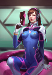 Rule 34 | 1girl, ;), animal print, arm at side, armor, bodysuit, boots, bracer, breasts, brown eyes, brown hair, d.va (overwatch), facepaint, facial mark, finger on trigger, gloves, gun, headphones, high collar, highres, holding, holding gun, holding weapon, lips, lipstick, long hair, long sleeves, looking at viewer, makeup, mecha, medium breasts, meka (overwatch), one eye closed, overwatch, overwatch 1, parted bangs, pauldrons, pilot suit, pink lips, rabbit, rabbit print, raihan amin, robot, shoulder armor, shoulder pads, skin tight, smile, solo, swept bangs, thigh boots, thighhighs, turtleneck, weapon, whisker markings, white footwear, white gloves