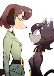 Rule 34 | 2girls, animal ears, belt, black hair, black jacket, cat ears, cat tail, collar, colo (nagrolaz), dog ears, dog tail, face-to-face, female focus, from side, furry, furry female, green jacket, highres, jacket, multiple girls, original, pink eyes, profile, simple background, tail, white background