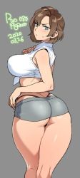 Rule 34 | 1girl, 2020, agawa ryou, blue eyes, breasts, brown hair, butt crack, commentary, dated, from behind, grey background, kneepits, large breasts, looking at viewer, looking back, original, shirt, short hair, short shorts, shorts, simple background, solo, sweatdrop, thick thighs, thighs, thong, tied shirt