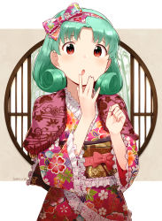 Rule 34 | 1girl, aqua hair, blush, bow, capelet, curly hair, dated, floral print, frilled hairband, frilled sleeves, frills, fringe trim, hair bow, hairband, hand on own face, hands up, highres, idolmaster, idolmaster million live!, japanese clothes, kimono, long sleeves, looking at viewer, nagian, obi, open mouth, outside border, parted bangs, pink bow, pink hairband, pink kimono, print kimono, red eyes, sash, short hair, solo, tokugawa matsuri, upper body, wide sleeves, window