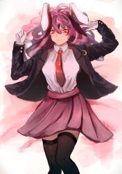 Rule 34 | 1girl, absurdres, animal ears, black jacket, black thighhighs, blazer, buttoned cuffs, buttons, closed mouth, collared shirt, crescent, crescent pin, feet out of frame, hair between eyes, highres, jacket, long hair, long sleeves, necktie, open clothes, open jacket, pink skirt, pleated skirt, purple hair, rabbit ears, red eyes, red necktie, reisen udongein inaba, shirt, skirt, solo, thighhighs, touhou, white shirt, yuhel