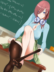 Rule 34 | 1girl, akire (akireru shoujo), blue eyes, blue sweater, blurry, blurry background, blush, breasts, chalkboard, classroom, cleavage, closed mouth, clothes pull, feet, female focus, go-toubun no hanayome, green skirt, hair over one eye, head tilt, headphones, highres, indoors, large breasts, leg up, legs, legs together, light blush, long hair, looking at viewer, nakano miku, no shoes, pantyhose, pantyhose pull, red hair, sitting, skirt, smile, solo, sweater, table, thighs, toes, undressing