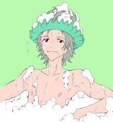 Rule 34 | 1boy, arm support, armpits, bath, bathing, bubble, bubble bath, chocolate sable, foam, green background, grey hair, hair up, light smile, looking at viewer, male focus, nagisa kaworu, neon genesis evangelion, nipples, nude, partially submerged, red eyes, shampoo, shampoo hat, short hair, simple background, sitting, smile, soap bubbles, solo, upper body, wet, white hair