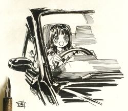 Rule 34 | 1girl, art tools in frame, blush, breasts, car, driving, highres, hiro (dismaless), long hair, long sleeves, motor vehicle, nib pen (object), open mouth, original, pen, photo (medium), seat, signature, simple background, sitting, solo, steering wheel, sweater, tears, traditional media