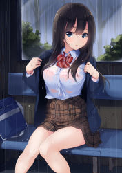Rule 34 | 1girl, :o, bag, bench, black hair, blazer, blue eyes, bow, bowtie, bra, breasts, brown skirt, bush, buttons, collared shirt, commentary request, dripping, eyebrows, female focus, hair between eyes, jacket, knees together feet apart, large breasts, legs, legs together, lingerie, long hair, long sleeves, nature, open clothes, open jacket, original, outdoors, parted lips, pink bra, plaid, plaid skirt, plant, rain, red bow, red bowtie, school bag, school uniform, see-through, shirt, sitting, skirt, solo, tree, unasaka ryou, underwear, water, wet, wet clothes, wet hair, wet shirt, white shirt