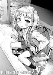 Rule 34 | 1girl, backpack, bag, bench, blush, candy, collared shirt, food, greyscale, highres, jacket, long hair, looking at viewer, monochrome, open clothes, open jacket, original, randoseru, shirt, shoes, sitting, skirt, smile, sneakers, solo, two side up, uousa-ou