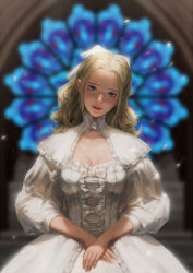 Rule 34 | 1girl, auausaikou, blonde hair, breasts, cleavage, closed mouth, dress, eyebrows, gem, head tilt, highres, lips, lolita fashion, looking at viewer, medium breasts, no bangs, nose, original, solo, stained glass, white dress, window