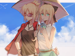 Rule 34 | 2girls, absurdres, artoria pendragon (all), artoria pendragon (fate), black bow, blonde hair, blouse, blue eyes, bow, bracelet, braid, camisole, closed mouth, cup, drinking, drinking straw, fate/apocrypha, fate/stay night, fate (series), green eyes, green skirt, hair bow, hand on own hip, highres, holding, holding cup, holding umbrella, jacket, jacket on shoulders, jewelry, looking to the side, mordred (fate), mordred (fate/apocrypha), multiple girls, open clothes, open jacket, parted bangs, ponytail, saber lily, shirt, sidelocks, skirt, sleeveless, sunglasses, umbrella, upper body, white shirt, yorukun
