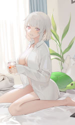 Rule 34 | 1girl, bare legs, barefoot, breasts, cleavage, from side, highres, indoors, large breasts, long sleeves, looking at viewer, nacchan (ohisashiburi), naked shirt, ohisashiburi, original, parted lips, pink eyes, shirt, short hair, sitting, sleeves past wrists, solo, wariza, white hair