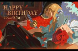 Rule 34 | 1boy, black hat, black pants, blonde hair, blue eyes, cape, cavendish, closed mouth, crossed legs, dated, eyelashes, flower, frilled shirt, frilled sleeves, frills, fur-trimmed cape, fur trim, hair between eyes, hair over shoulder, happy birthday, hat, highres, holding, holding flower, indoors, letterboxed, long hair, long sleeves, looking at viewer, male focus, one piece, pants, petals, picture frame, profile, qin (7833198), red flower, red rose, rose, rose petals, shirt, sidelocks, sideways glance, sitting, smile, smirk, solo, sword, wanted, weapon, white shirt