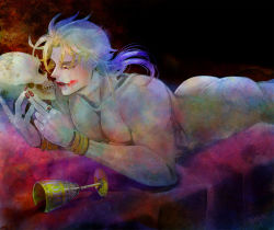 Rule 34 | 1boy, alcohol, blonde hair, blood, blood on face, blue hair, bracelet, chalice, completely nude, cup, dio brando, gradient hair, jewelry, jojo no kimyou na bouken, male focus, multicolored hair, nail polish, nasoya, nude, on bed, red eyes, skull, solo, spill, wine
