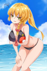 Rule 34 | 1girl, alternate costume, bags under eyes, bikini, black bikini, blonde hair, blue sky, blush, bow, breasts, cleavage, cloud, commentary request, cookie (touhou), creatures (company), day, feet out of frame, game freak, green eyes, hair bow, hand on own knee, highres, kirisame marisa, large breasts, leaning forward, long hair, looking at viewer, mars (cookie), navel, nintendo, ocean, open mouth, outdoors, pokemon, ponytail, red bow, sky, solo, squiggle, swimsuit, touhou, water, yumekamaborosh