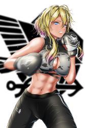 Rule 34 | + +, 1girl, abs, absurdres, azur lane, bare shoulders, black pants, blonde hair, blue eyes, boxing gloves, breasts, cleavage, cleavage cutout, clenched teeth, clothing cutout, commentary request, covered collarbone, cowboy shot, eagle union (emblem) (azur lane), gachimuchi pants wrestling, gluteal fold, groin, gyaru, hair between eyes, hair ornament, hairclip, highres, keke (akuringo731), large breasts, looking at viewer, marblehead (azur lane), marblehead (boxing girl!) (azur lane), midriff, motion blur, multicolored hair, navel, pants, pink hair, punching, short hair with long locks, simple background, solo, sports bra, standing, sweat, symbol-shaped pupils, teeth, track pants, two-tone hair, white background, wrestling (series)