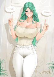 Rule 34 | 1girl, 2024, alternate costume, artist name, bare shoulders, blush, breasts, casual, character name, cleavage, contemporary, covered erect nipples, dated, female focus, fire emblem, fire emblem: three houses, fire emblem heroes, flower, green eyes, green hair, hair flower, hair ornament, highres, large breasts, long hair, matching hair/eyes, nintendo, off-shoulder shirt, off shoulder, pants, parted bangs, rhea (fire emblem), ribbed sweater, sendo (sendrawz), shirt, smile, solo, speech bubble, sweater, white pants