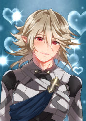 Rule 34 | 1boy, armor, asymmetrical hair, blush, cape, corrin (fire emblem), corrin (male) (fire emblem), fire emblem, fire emblem fates, heart, looking at viewer, male focus, nekolook, nintendo, platinum blonde hair, pointy ears, red eyes, smile, solo, weapon
