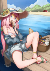 Rule 34 | 1girl, absurdres, anklet, bad id, bad pixiv id, baguette, bandaid, bandaid on shoulder, beach, belt, bikini, bikini top only, blue eyes, blue nails, blush, bottle, bracelet, bread, breasts, can, candy, chocolate, chocolate bar, cloud, day, dock, drink can, eating, feet, flower, food, frilled bikini, frilled bikini top, frills, glasses, hat, highres, holding, holding food, jacket, jewelry, kagamihara nadeshiko, long hair, low twintails, milk bottle, nail polish, off shoulder, open clothes, open jacket, outdoors, picnic basket, pink hair, red-framed eyewear, ring, sandals, sandwich, shorts, sky, sleeves past wrists, small breasts, soda can, solo, straw hat, sunflower, swimsuit, tent, toenail polish, toenails, toes, twintails, very long hair, watch, water, white bikini, wristwatch, yosianng, yurucamp