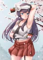 Rule 34 | 1girl, agano (kancolle), blue eyes, breasts, cherry blossoms, cowboy shot, dango, food, garter straps, gloves, highres, holding, holding food, kantai collection, koru pera, large breasts, long hair, midriff, necktie, petals, pleated skirt, purple hair, red skirt, school uniform, serafuku, skewer, skirt, smile, solo, standing, branch, wagashi, white gloves