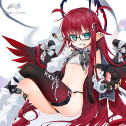 Rule 34 | 1girl, :p, arm warmers, black-framed eyewear, black nails, black thighhighs, blush, closed mouth, crop top, crossed legs, ear piercing, fallen angel, food, fruit, glasses, gotou (nekocat), gradient wings, green eyes, hair ornament, halo, heart, heart hair ornament, highres, long hair, looking at viewer, melting halo, multicolored wings, navel, original, piercing, pointy ears, red hair, single thighhigh, smile, solo, spoon, strawberry, thighhighs, tongue, tongue out, two side up, v, very long hair, white leg warmers, wing ribbon, wings