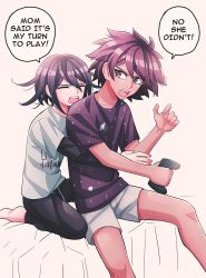 Rule 34 | 2boys, aged down, alternate costume, alternate hairstyle, alternate universe, black hair, cheer (cheerpuppy14), collarbone, commentary, controller, danganronpa (series), danganronpa v3: killing harmony, english commentary, english text, feet out of frame, glasses, grey shirt, grey shorts, highres, holding, holding controller, layered sleeves, long sleeves, male focus, momota kaito, multiple boys, oma kokichi, open mouth, pants, playstation controller, purple hair, purple shirt, shirt, short over long sleeves, short sleeves, shorts, sitting, space print, spiked hair, starry sky print, t-shirt