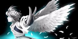 Rule 34 | 1boy, angel, angel wings, armband, armlet, blue eyes, feathered wings, feathers, from side, greyscale, highres, kid icarus, kid icarus uprising, laurel crown, male focus, monochrome, nintendo, outstretched arm, pit (kid icarus), scarvii, signature, solo, spot color, upper body, wings