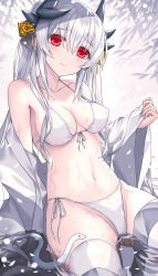 Rule 34 | 1girl, bare shoulders, bikini, blush, breasts, cleavage, closed mouth, collarbone, dragon girl, dragon horns, fate/grand order, fate (series), highres, horns, kiyohime (fate), large breasts, long hair, looking at viewer, morizono shiki, navel, off shoulder, red eyes, solo, swimsuit, white bikini, white hair