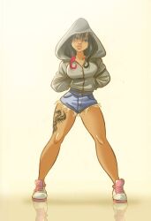 Rule 34 | 1girl, :&lt;, bare legs, black hair, breasts, cleavage, expressionless, full body, hands in pockets, highres, hood, hooded jacket, jacket, large breasts, leg tattoo, lips, long hair, looking at viewer, multicolored hair, original, parted lips, pedro perez, shiny skin, shoes, sneakers, standing, tattoo, two-tone hair