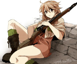 Rule 34 | 1girl, bad id, bad pixiv id, brown hair, gun, ikeshita moyuko, sitting, smile, solo, weapon