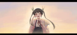 Rule 34 | 1girl, absurdres, backpack, bag, bakemonogatari, black hair, blue skirt, collared shirt, commentary, cowboy shot, crying, crying with eyes open, green ribbon, hachikuji mayoi, hair ribbon, hairband, hand on own face, hand up, highres, huhi (huhi 1211), letterboxed, long hair, looking at viewer, monogatari (series), neck ribbon, open mouth, red eyes, red ribbon, ribbon, shirt, short sleeves, skirt, smile, solo, streaming tears, suspender skirt, suspenders, tears, twintails, white hairband, white shirt