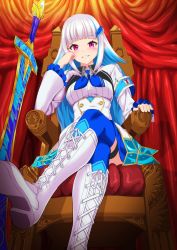 Rule 34 | 1girl, absurdres, boots, commentary request, cross-laced footwear, crossed legs, hair ornament, highres, lace-up boots, lize helesta, long hair, looking at viewer, multicolored hair, nijisanji, pink eyes, silver hair, sitting, solo, sword, thighhighs, throne, two-tone hair, virtual youtuber, weapon