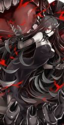 Rule 34 | 10s, 1girl, abyssal ship, battleship water oni, black dress, black gloves, black hair, breasts, colored skin, crossed bangs, cuffs, dress, elbow gloves, female focus, gloves, glowing, glowing eyes, horns, jpeg artifacts, kantai collection, large breasts, long hair, looking at viewer, open mouth, parted lips, pokimari, red eyes, single horn, smile, solo, strapless, strapless dress, teeth, tongue, tongue out, very long hair, white skin