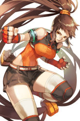 Rule 34 | 00s, 1girl, belt, breasts, brown hair, dungeon and fighter, female focus, fighter (dungeon and fighter), fingerless gloves, gloves, knee pads, long hair, ponytail, shorts, simple background, solo, very long hair, white background