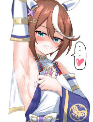 Rule 34 | ..., 1girl, armpits, blue eyes, blush, breasts, brown hair, commentary request, detached sleeves, ear covers, ear ornament, grin, hair between eyes, heart, highres, horse girl, japanese clothes, jewelry, kimono, long sleeves, multicolored hair, necklace, official alternate costume, official alternate hairstyle, presenting armpit, short hair, simple background, small breasts, smile, solo, spoken ellipsis, spoken heart, steam, streaked hair, sweat, tokai teio (dream butterfly of purple clouds) (umamusume), tokai teio (dreaming of purple clouds) (umamusume), tokai teio (umamusume), tsumu618, umamusume, white background, white hair, white kimono