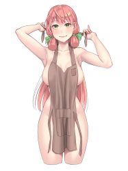Rule 34 | 1girl, akashi (kancolle), apron, arm up, armpits, arms up, blunt tresses, blush, breasts, closed mouth, collarbone, cowboy shot, cropped legs, green eyes, hair ribbon, highres, kantai collection, large breasts, long hair, looking at viewer, naked apron, pink hair, ribbon, simple background, smile, solo, thighs, tress ribbon, very long hair, white background, yuuji (and)