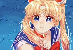 Rule 34 | 1girl, bishoujo senshi sailor moon, blonde hair, blue eyes, blue sailor collar, bow, bowtie, breasts, choker, circlet, cleavage, clenched teeth, collarbone, collared shirt, crescent, crescent earrings, earrings, hair tubes, heart, heart choker, highres, jewelry, long hair, medium breasts, meme, mootea, parted bangs, red bow, red bowtie, red choker, sailor collar, sailor moon, sailor moon redraw challenge (meme), sailor senshi uniform, sailor shirt, shirt, solo, sparkle, sweatdrop, teeth, twintails, upper body, white shirt
